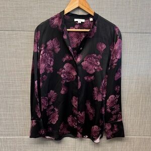Vince Black Satin Button-Up Top with Purple Floral Print